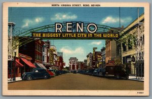 Postcard Reno NV c1946 North Virginia Street Old Cars Hotels Clubs CDS Duplex