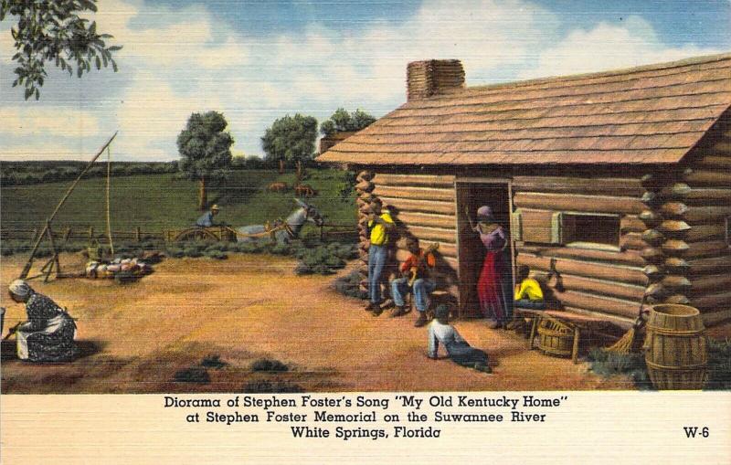 Black Americana, Diorama My Old Kentucky Home, Florida, Old Linen Era Post Card 