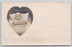 Real Photo Postcard~Bundled Up Baby~Victorian Wicker Buggy~Heart Inset~1905 RPPC