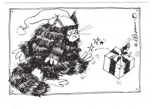 Christmas, Dressed Cat Kicking Gift, 1978 Hupman Illustration, Humour