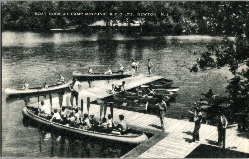 Boat Dock, Canoes at Camp Minisink, Newton NJ Vintage Postcard K48