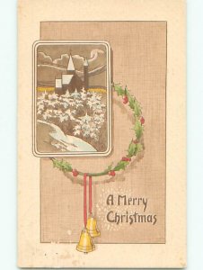 Pre-Linen christmas CHURCH WITH BELLS HANGING FROM WREATH J1430