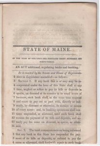 1843 Booklet Titled An Act Relating To Banks and Banking, State of Maine