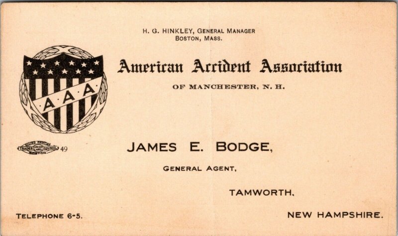 MANCHESTER , NH - AMERICAN ACCIDENT ASSOCIATION - BUSINESS CARD - JAMES BODGE