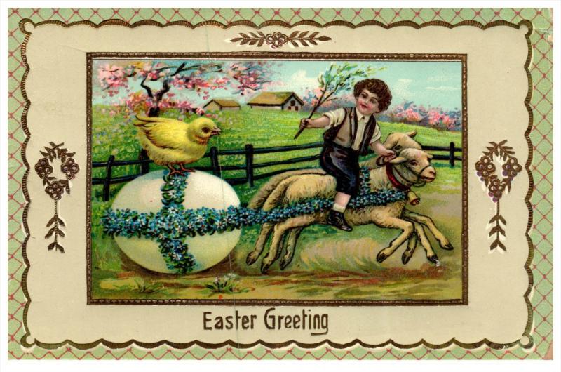 Easter     Boy riding sheep pulling an Egg