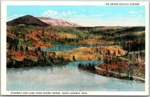 Laramie Wyoming WY, Highway and Peaks, Lake Over Snowy Range, Vintage Postcard