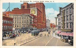 Utica New York 1930s Postcard Genesee Street Looking South Stores Streetcar