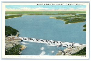 1930 Aerial View Beautiful Ft Gibson Dam Lake Muskogee Oklahoma Antique Postcard
