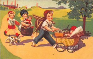 CHILDREN BABY STROLLER DOG COMIC NETHERLANDS POSTCARD 1931