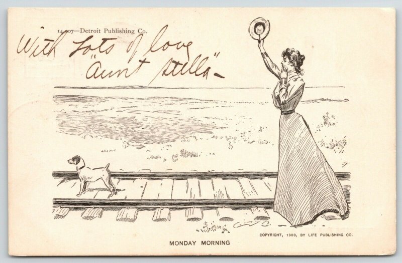 Charles Dana Gibson Girl~Monday Morning~Lovely Lady & Dog Wave~Train Tracks~1900 