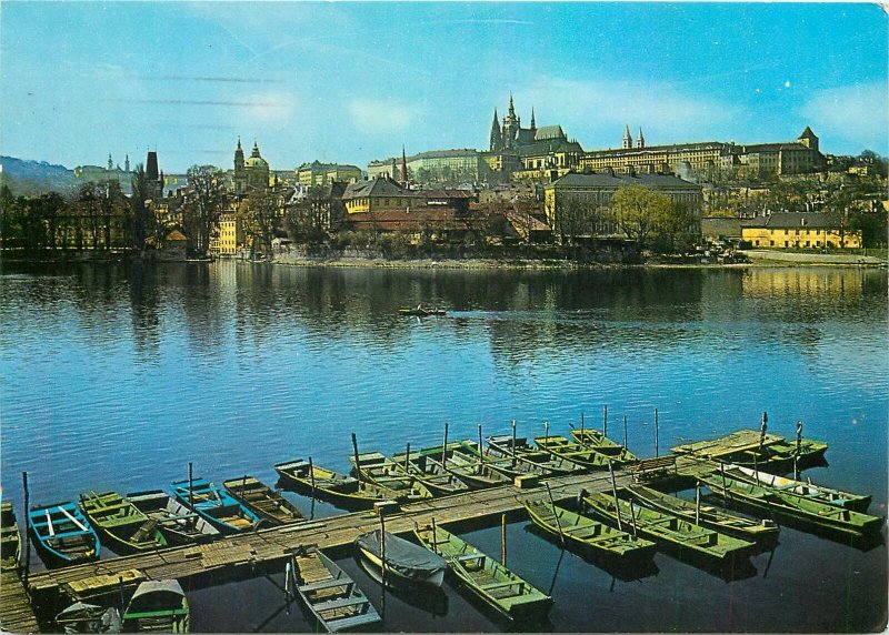 Czech Republic Prague Vitava river castle view pontoon rowing boats Postcard