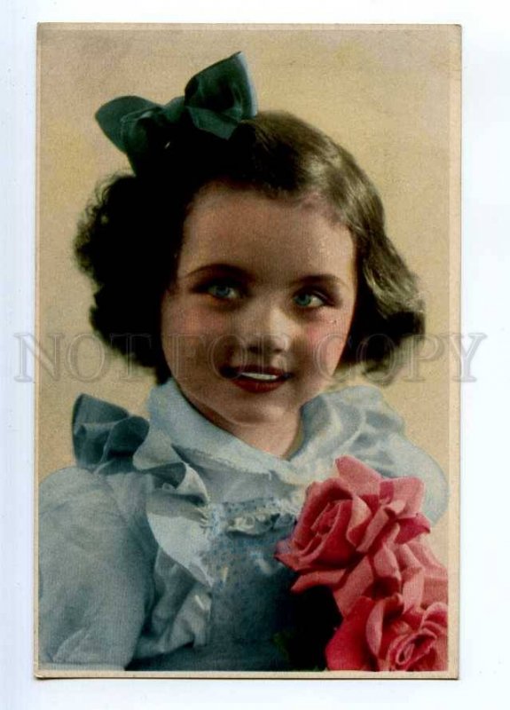 234142 FASHION Cute Girl in Blue Dress ROSES Vintage postcard