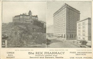 Postcard; Seattle WA Hotel Washington in 1906 & 1908 Advertising Rex Pharmacy