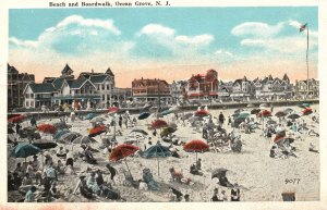 Vintage Postcard Sunbathing Umbrellas Beach and Boardwalk Ocean Grove New Jersey