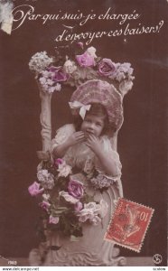 RP; Little girl wearing pink bonnet sending kisses, surrounded by roses, PU-1908