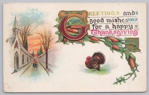 Holiday~Turkey Corn & Road Scene Thanksgiving Greeting~Vintage Postcard