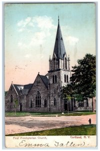 c1905 First Presbyterian Church View Fire Hydrant Dirt Road Cortland NY Postcard