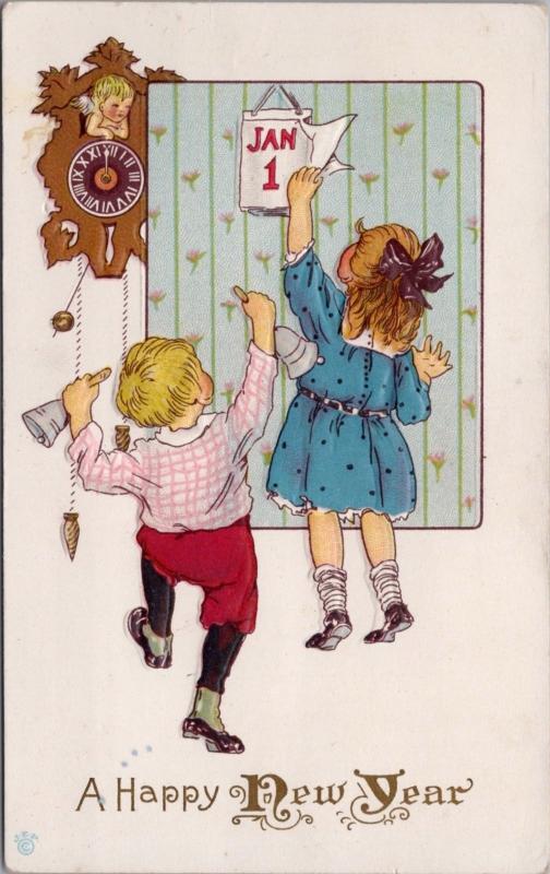 A Happy New Year Boy Girl Children Calendar Series 56D Postcard E25 