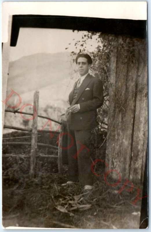 c1910s Italian Man Smoking Cigarette RPPC Portrait Vampire Hair Real Photo A138