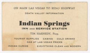 1930s-40s Indian Springs Inn Gas Station Reno Las Vegas Business Card F224
