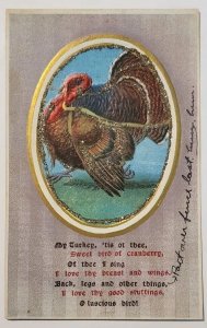 Thanksgiving Greetings Turkey Portrait Glitter Decorated Postcard K29