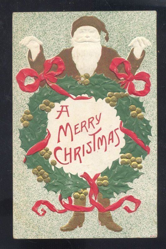 GOLD EMBOSSED A MERRY CHRISTMAS LARGE SANTA CLAUS RED COAT VINTAGE POSTCARD