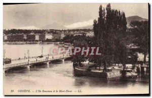 Old Postcard Geneve L & # 39Ile Rousseau and Mont Blanc