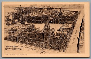 Postcard UK c1920s University of Liverpool Arist Signed Birds Eye View Campus