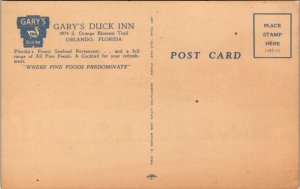 Linen Postcard Gary's Duck Inn 3974 S. Orange Blossom Trail in Orlando, Florida