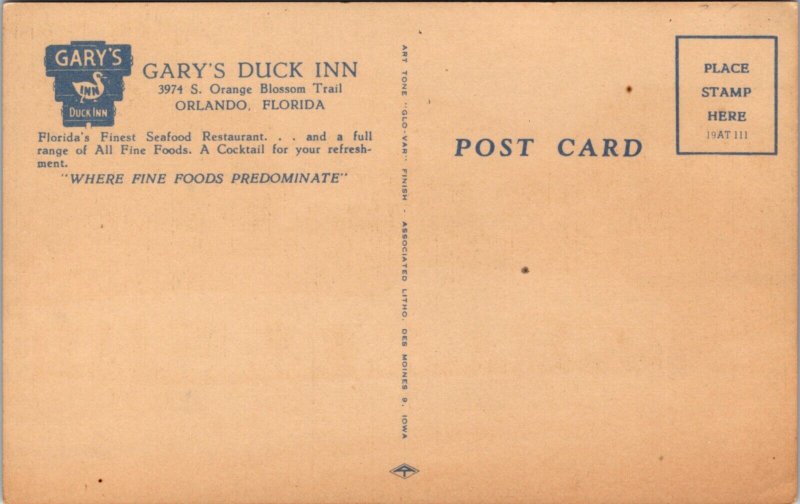 Linen Postcard Gary's Duck Inn 3974 S. Orange Blossom Trail in Orlando, Florida