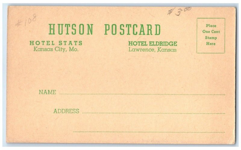 c1930 Hotel Stats Hutson Prosperity Card Hotel Eldridge Lawrence Kansas Postcard