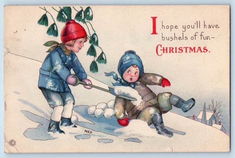 Christmas Postcard Children Playing On Winter Snowball Balaton Minnesota MN