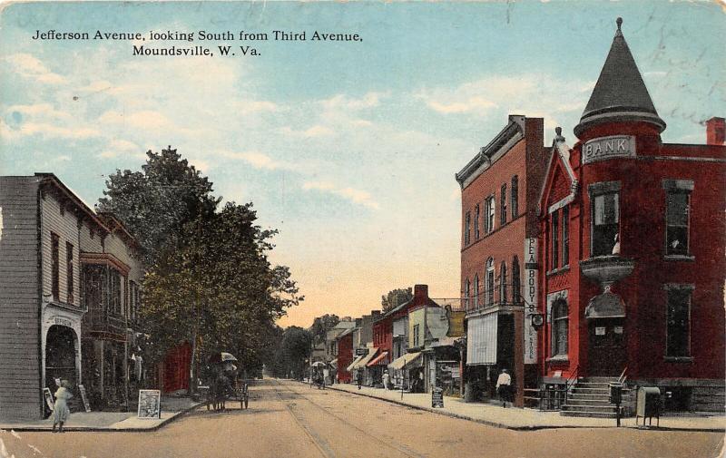 F23 Moundsville West Virginia Postcard c1920 Jefferson Ave Bank Stores 17