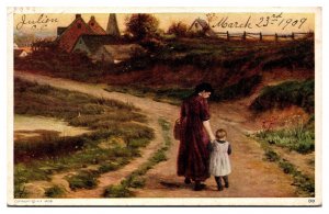 1908 Mother Walking a Child down a Country Dirt Road Postcard