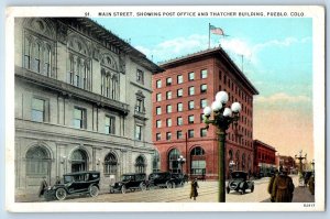 Pueblo Colorado Postcard Main Street Post Office Thatcher Building c1930 Vintage