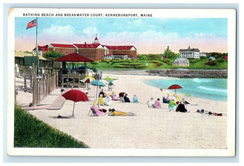 1936 Bathing Beach And Breakwater Court Kennebunkport Maine ME Antique Postcard  