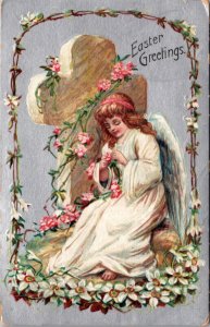 Easter Postcard Young Angel Sitting Next To Cross Pink Roses White Flowers