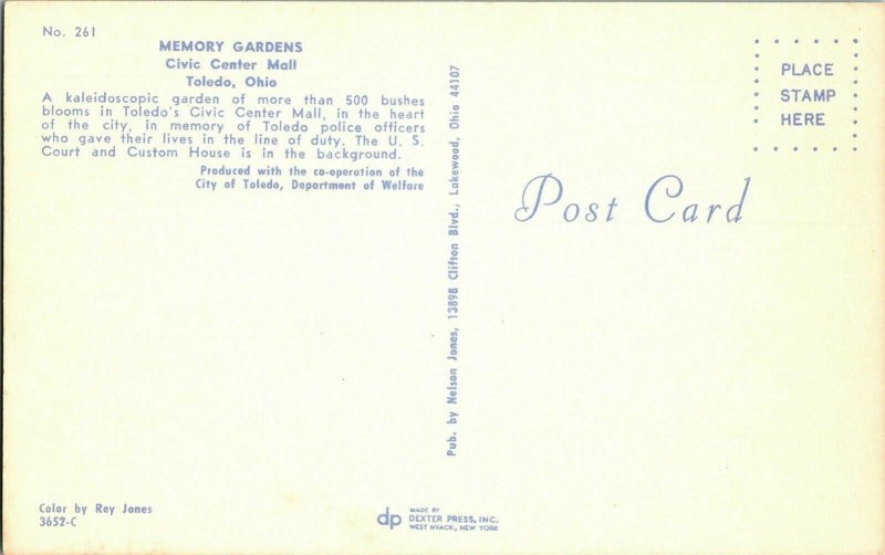 Memory Gardens Civic Center Mall Toledo Ohio Garden US Court Welfare Postcard 