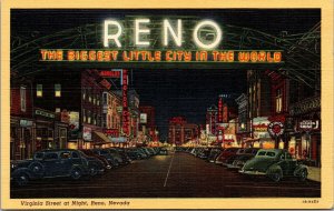 Vtg Reno Nevada NV View of Virginia Street at Night Classic Cars 1940s Postcard