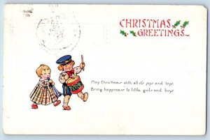 Hanlontown Iowa IA Postcard Christmas Greetings Children With Drum Trumpet 1924