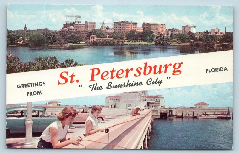 Postcard FL Banner Dual View Greetings From St Petersburg Vintage #2 O11