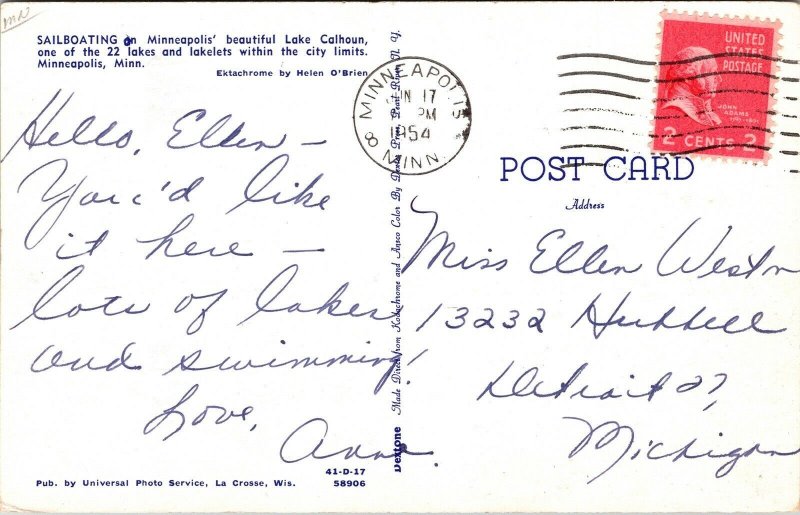 Sailboating Minneapolis Lake Calhoun Minnesota MN Postcard PM Clean Cancel WOB 