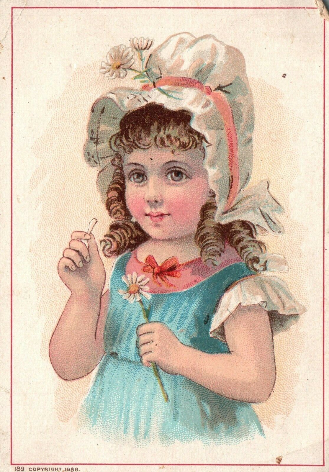 1880s90s Young Girl Wearing with Daffodil Curly Hair Trade Card Ephemera Chromo