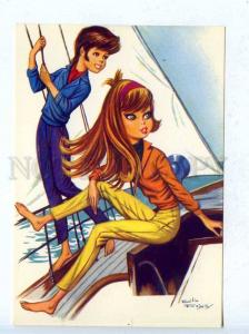 204163 Boy & girl on yacht Emilio Freixas Old Galileo postcard