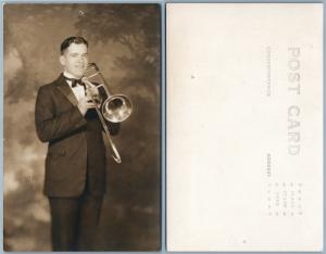 MUSICIAN w/ TROMBONE ANTIQUE REAL PHOTO POSTCARD RPPC