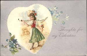 Valentines Farm Girl Rakes Bouquet Gilt Embossed c1900-20s Vintage Postcard