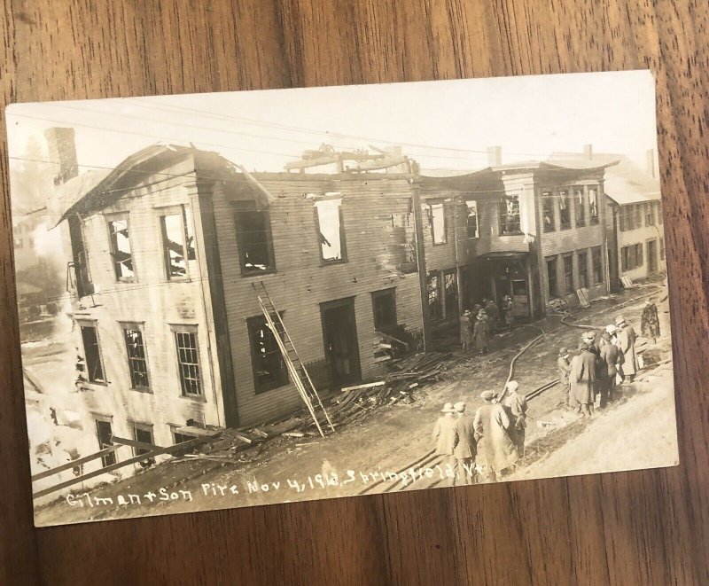 SPRINGFIELD, VT ~ RPPC ~ GILMAN & SON FACTORY FIRE ~ Nov. 4, 1912 POSTCARD PHOTO