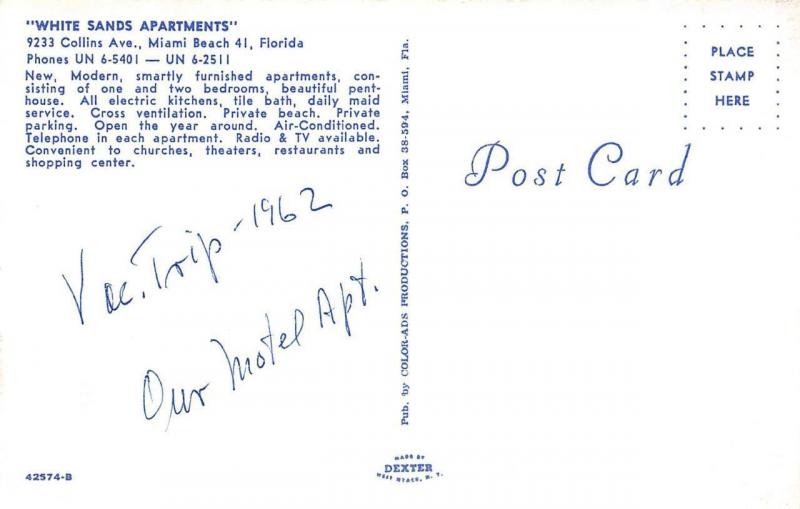 MIAMI BEACH, FL Florida  WHITE SANDS APARTMENTS~Collins Ave 1962 Chrome Postcard