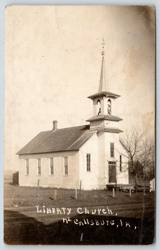 McCallsburg Iowa~Liberty Church~Fence Posts~Barn~History on Back~1908 RPPC 