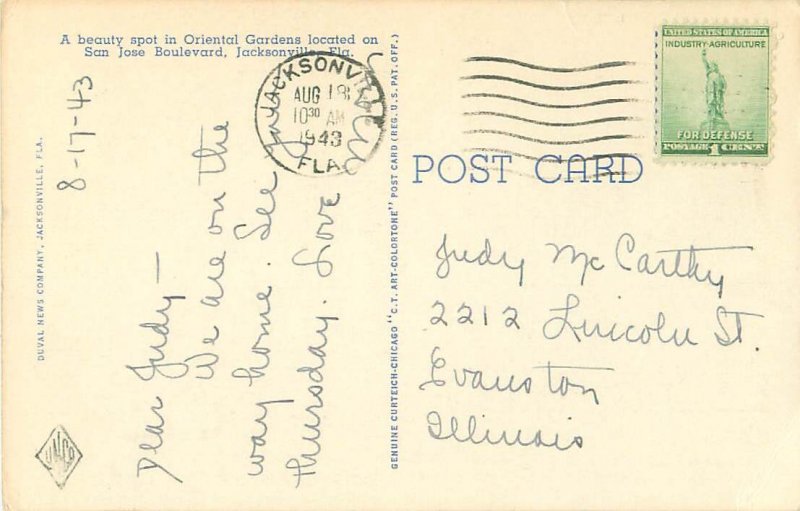 Jacksonville, Florida Oriental Gardens Linen 1943 Postmark